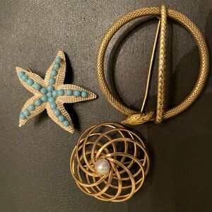 Vintage Gold Tone Pin Trio with Turquoise Starfish & Faux Pearl
